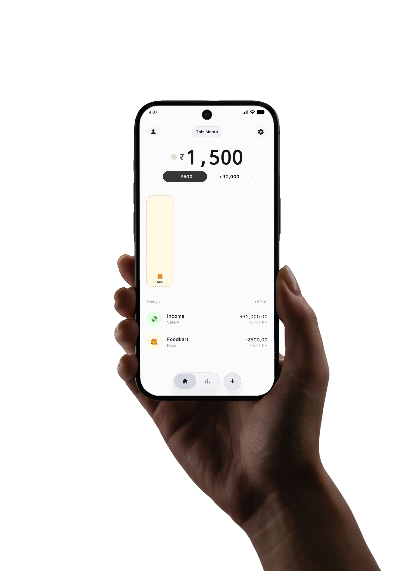 Hand holding smartphone showcasing Expensave app dashboard